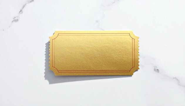 Top View of a Single Elegant Gold Ticket Featuring a Minimalist Rectangular Border Placed on a Bright Luxurious White Marble Texture Surface Background