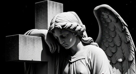 Fototapeta premium Dramatic Black and White Statue of a Mourning Angel Leaning on a Cross in a Cemetery, Symbol of Grief and Faith
