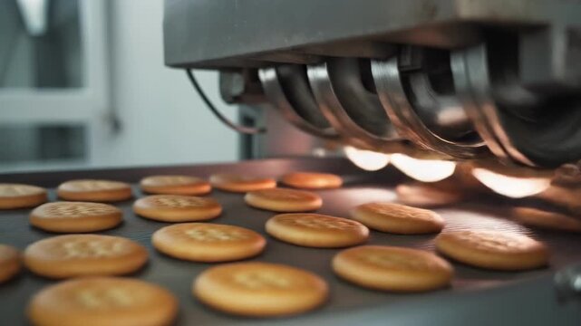 Freshly baked cookies cooling on wire rack in bakery