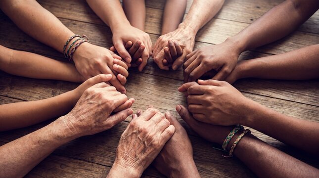 Diverse group of hands joined together in a circle symbolizing unity and support