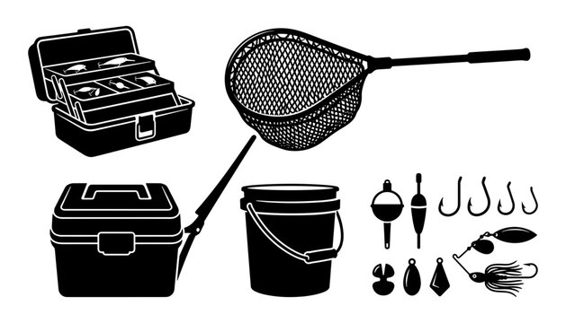 Fishing Tackle and Gear Icon Silhouette Set with Tackle Box, Net, Cooler, Bucket, Hooks, Bobbers, and Lures for Outdoor Recreation Designs