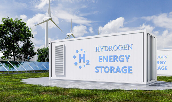 Hydrogen energy storage container system with wind turbines and solar panels in green nature for sustainable power supply- 3D rendering