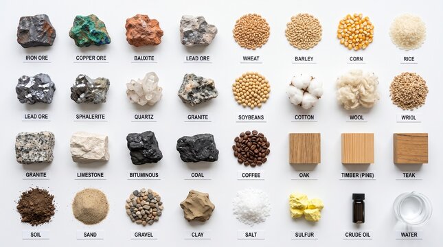 Collection of various raw materials including minerals ores grains agriculture products and natural resources.