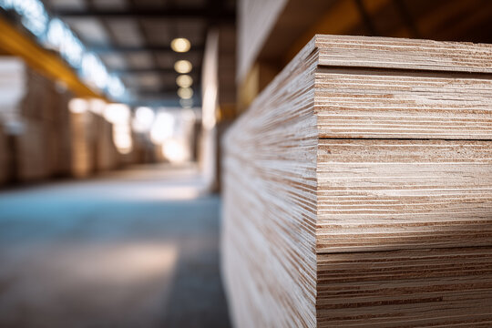Stacked plywood boards in a brightly lit industrial facility