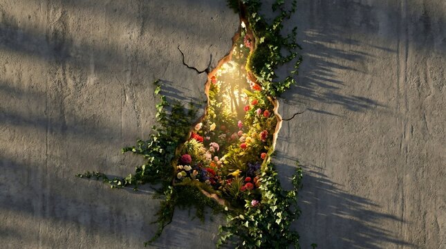 Cracked concrete wall revealing a lush hidden garden with vibrant flowers and golden sunlight breaking through