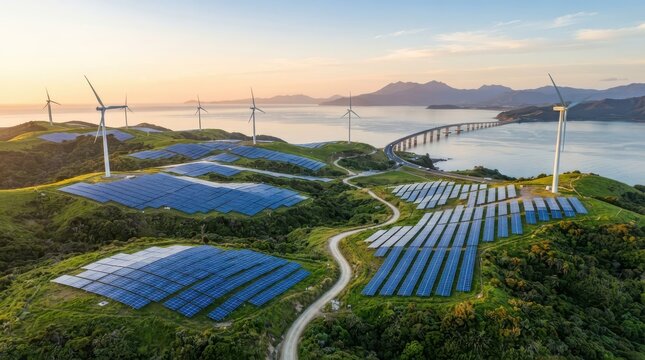 Aerial view of a sustainable energy farm with solar panels and wind turbines