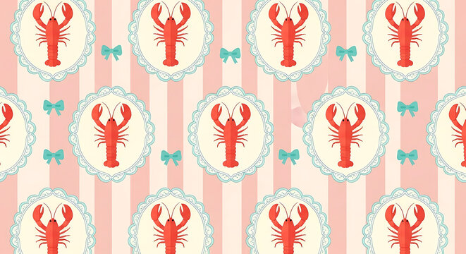 Nautical illustration teal bow Cute lobster seamless pattern with red crustaceans in lace frames on a pink background with nautical illustrations