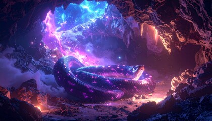 Fototapeta premium Bioluminescent Cosmic Serpent Coiled Within a Mystical Underground Cavern Radiating Ethereal Magical Energy and Glowing Nebula Light