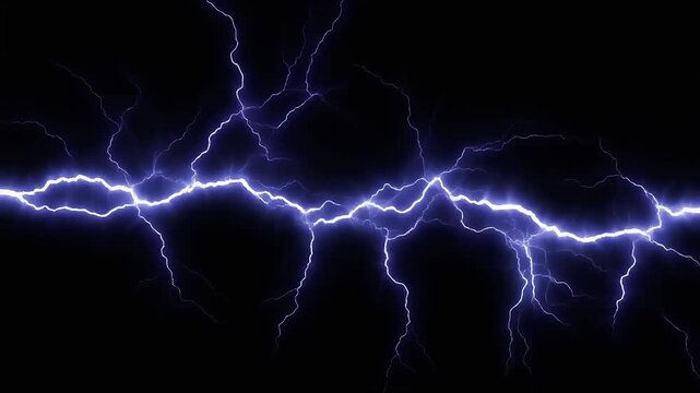 Powerful blue lightning strike flashes horizontally across a pitch black sky.