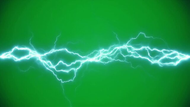 Bright blue electrical discharge lightning bolt flashing horizontally on a green screen.