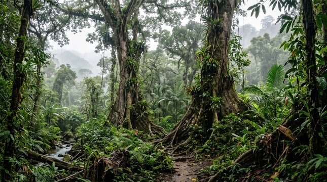 Misty tropical rainforest with giant trees and lush vegetation