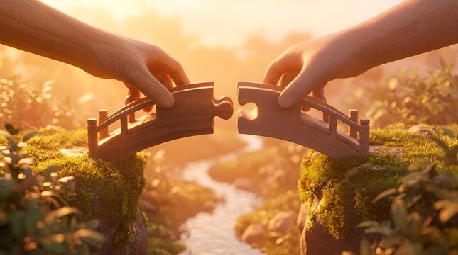 Two hands connecting interlocking wooden puzzle pieces shaped as an arched bridge over a sunlit garden stream