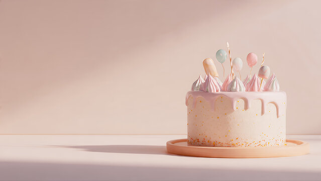Minimalist birthday decoration with slightly messy cake frosting and lopsided frosting, soft pastel colors, a cheerful and imperfect composition, and a humorous and lighthearted fatherly feel.