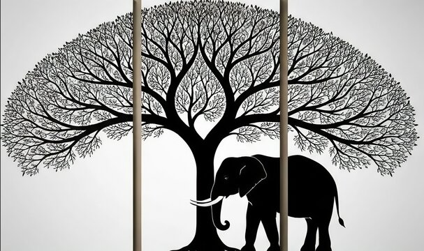 Black Silhouette Elephant Under Tree in Triptych Panel Art