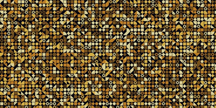 Retro geometric pattern with tiny gold circles squares and triangles on black surface.