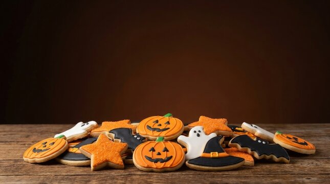 Halloween cookies with ghost and jack o lantern shapes on wooden surface