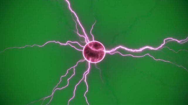 Pink plasma ball emitting electric lightning discharges against a green screen background.