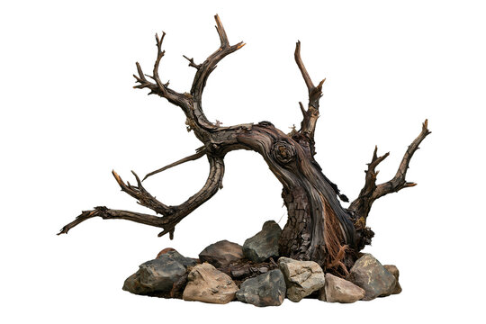 Decorative twisted driftwood sculpture with rocks base for aquarium or terrarium aquascaping isolated on transparent background