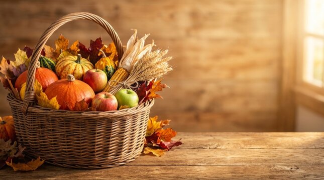 Wicker basket filled with autumn fruits and wheat stalks