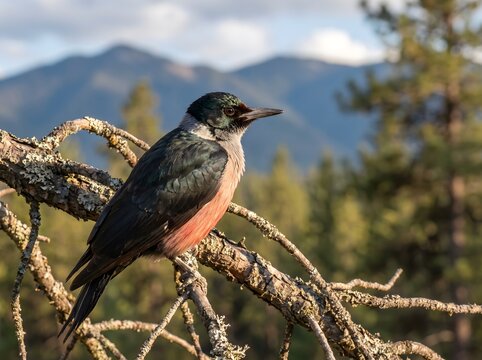 Colorful Woodpecker Perched on Lichen-Covered Branch with Mountain Forest Background