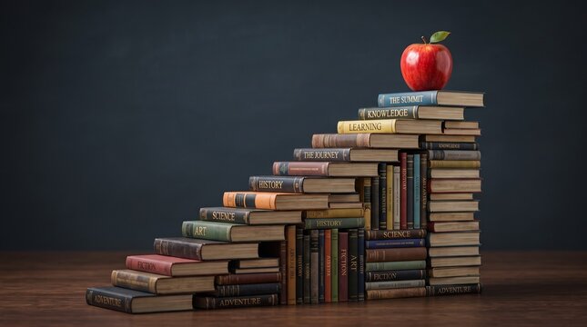 ​A staircase made of stacked books featuring topics like Art, Science, and History, leading to a fresh red apple at the top, symbolizing the journey of learning and achievement.
