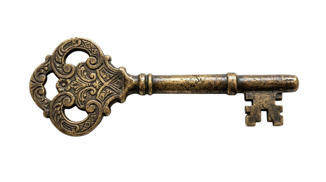 Vintage brass skeleton key with ornate filigree handle. Antique metal key for mystery and security concepts. Old bronze key on white background.