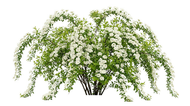 Blooming spirea bush with white flowers, flowering bridal wreath shrub on white background, spring garden plant for landscaping