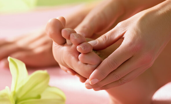 a close up shot of a foot reflexology massage. a pair of hands is massaging the sole of a human foo