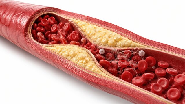 Cross section view of human artery illustrating cholesterol plaque buildup and red blood cell flow.