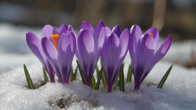purple crocus flowers blooming in slow motion