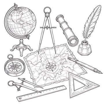 Antique cartographer&rsquo;s navigation still life, vintage cartography still life, antique mapmaking tools, historical navigation instruments, old compass and map, vintage cartographer desk, antique naviga