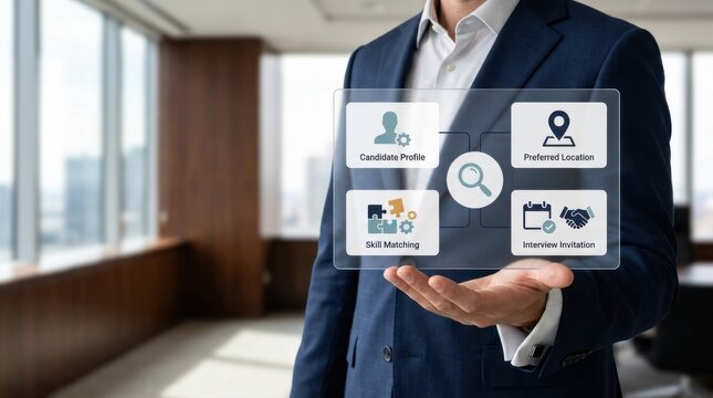 Digital candidate profiling and recruitment system concept showing businessman presenting transparent interface with applicant location and skill matching icons