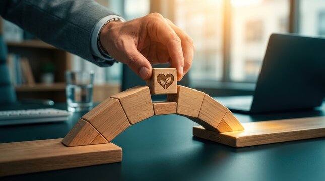 Environmental social and governance concept showing businessman placing wooden block with heart and leaf icon to complete bridge structure on office desk