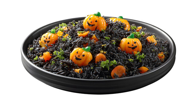 Black rice halloween dish with carved pumpkin faces