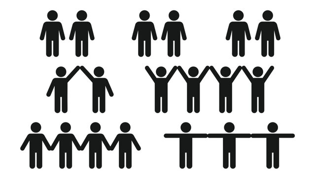Black stick figure silhouettes representing diverse groups of people collaborating and celebrating unity in simple design