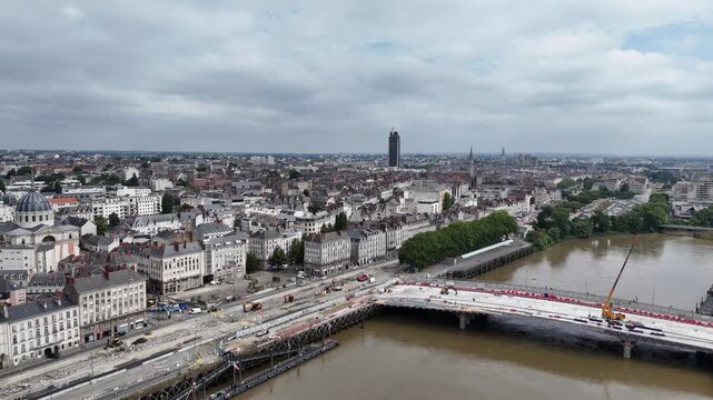 Pont Anne de Bretagne bridge under repairs Nantes City France drone aerial