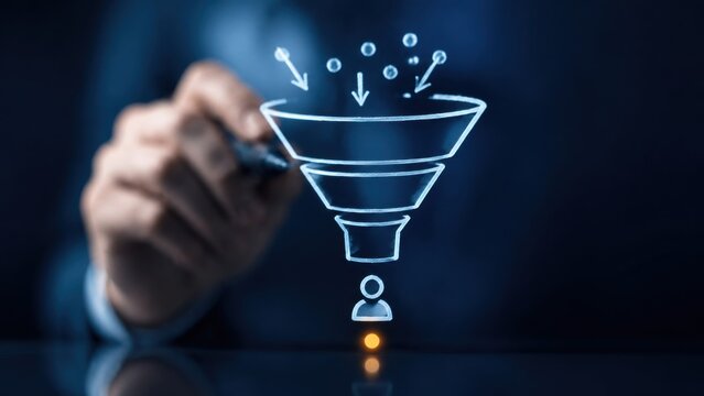 Sales funnel lead generation concept drawn on glass screen filtering target audience down to single customer profile