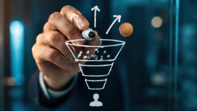 Marketing conversion funnel optimization drawn by businessman tracking return on investment and customer acquisition strategy