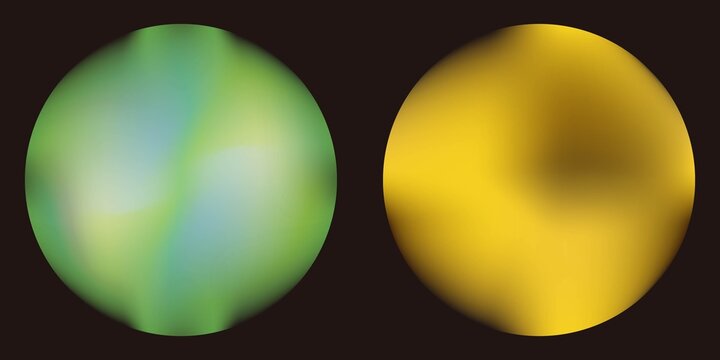 A set of blurry planet earth and sun gradient shape. Abstract blue and green color circle defocused shape on black. Y2k inspired vector soft gradation globe circle and futuristic sun round bg