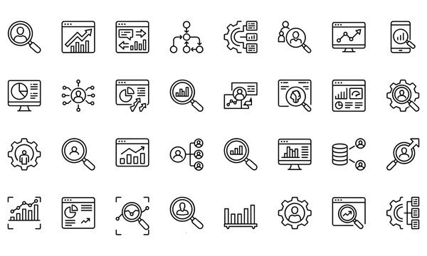 Data monitoring and user search analytics thin line vector icon set