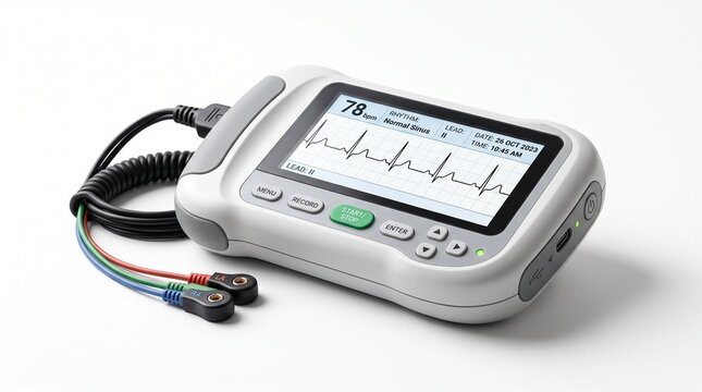 Portable ECG monitor with heart rate display, medical electrocardiogram device on white background, digital cardiac diagnostic tool