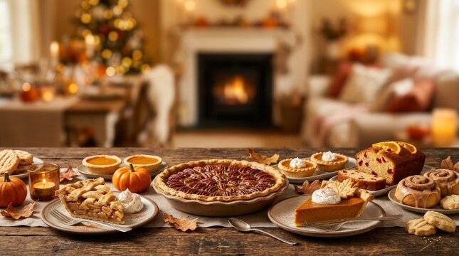 Traditional appetizers on rustic wooden table with cozy fireplace background