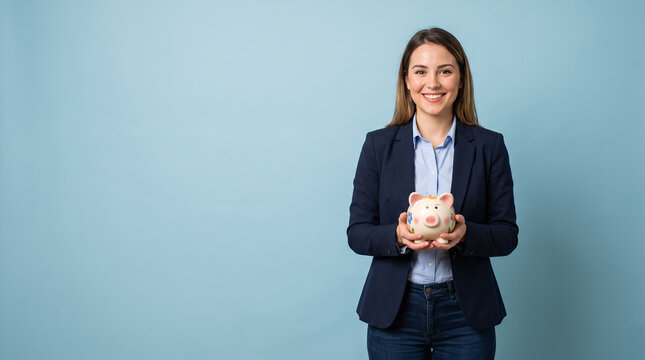 Young businesswoman in blue shirt and blazer, with patterned ceramic piggy bank in hands, standing and smiling at camera, against blue studio background, business photography