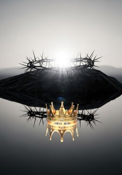 Symbolic Representation of Jesus Christ's Sacrifice and Glory with Crown of Thorns and Golden Crown Reflection