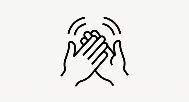 A minimalist black line art icon depicts two hands clapping with motion lines on a white.