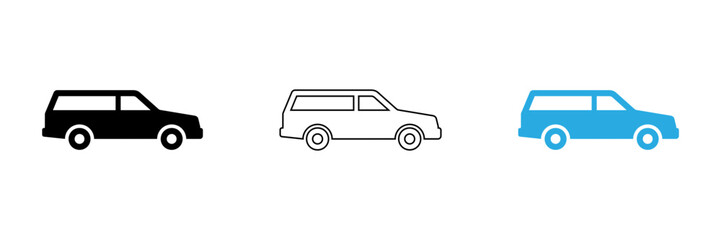 Fototapeta premium Three simple station wagon vehicles in different colors isolated on transparent background, Vector