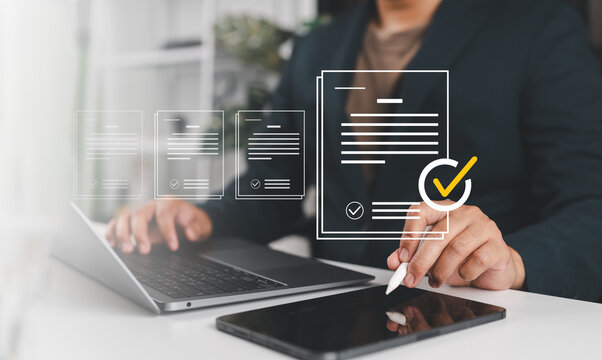Business professional signing digital documents on tablet with virtual contract interface, electronic signature, online approval workflow, secure authentication, paperless document management system