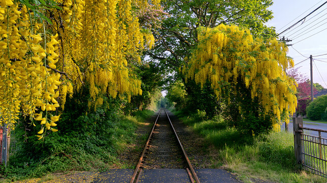 Yellow laburnum trees in full bloom along a rural railway track