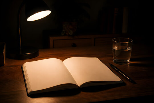 Night study desk lit by warm lamp