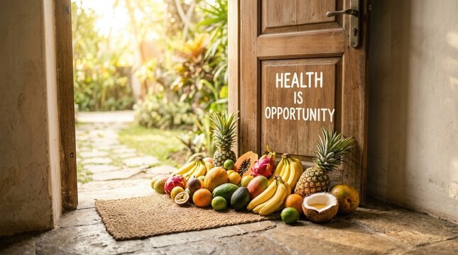 Assorted tropical fruits including pineapple, mango, bananas, and dragon fruit arranged on a mat by an open wooden door with text Health Is Opportunity leading to a sunny garden.